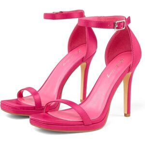 Women's Hot Pink Synthetic Open Square Toe Ankle Strap High Heel Sandals